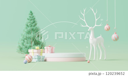 3D render, Minimalist pastel Christmas podium pedestal with reindeer, Christmas tree, gift boxes, and hanging ornaments on green background. 120239652