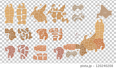 木目の日本地図　地方別色分け　都道府県名　バラバラになる 120240208
