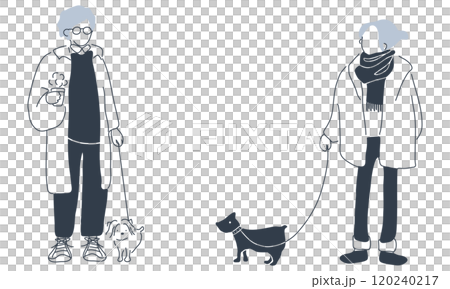 Line drawing illustration set of men and women walking dogs 120240217