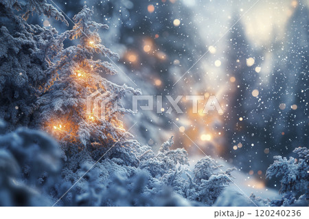 A serene winter landscape with snow-covered trees adorned with warm lights in a forest during snowfall at dusk 120240236