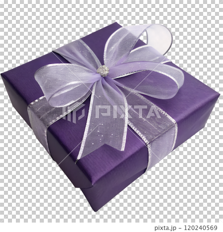 パープルの包装紙と透け感のあるリボンで飾られたエレガントなギフトボックス 120240569