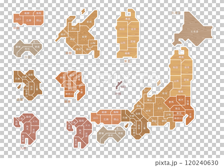 木目のナチュラルな日本地図　地方別色分け　都道府県名 120240630