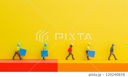カラフルな背景とブロックを運ぶミニチュアの人々 120240639