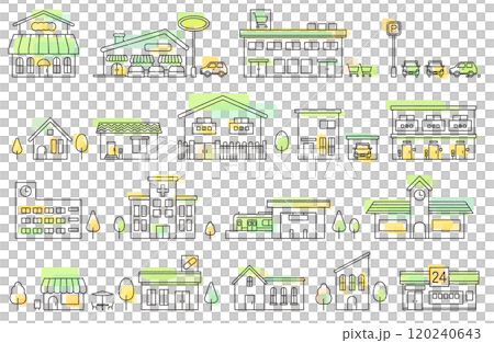 街並み・建物のベクターイラスト線画（グリーン・緑系水彩風） 120240643
