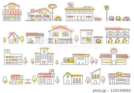 街並み・建物のベクターイラスト線画（ピンク系水彩風） 120240660