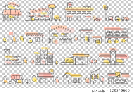 街並み・建物のベクターイラスト線画（ピンク系水彩風） 120240660