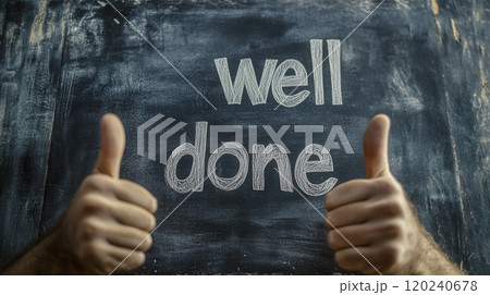 Individuals celebrating success with thumbs up in front of a chalkboard displaying the words well done 120240678