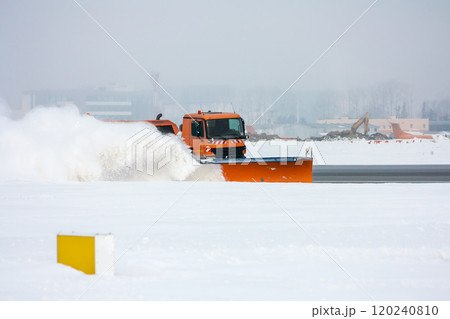 Snow-removal machine cleans the runway at the airport Snow-removal machine cleans the runway at the airport 120240810