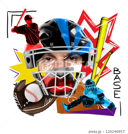 Creative baseball collage with player, bat, and glove, set against bold shapes and colors, spirit of baseball in abstract style. Contemporary art 120240957