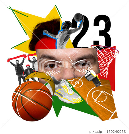 Modern basketball collage with players, basketball, and hoop, layered with abstract shapes and fan elements. Contemporary art collage. 120240958