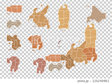 日本天然木紋地圖，按地區插圖進行色彩編碼 120240961