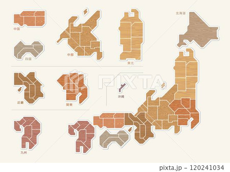 木目のナチュラルな日本地図　地方別色分け イラスト 120241034