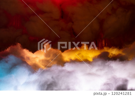 Fantasy cloud float in sky. Fake cloud many layers reflect colorful of red blue yellow like a dream Fantasy cloud float in sky. Fake cloud many layers reflect colorful of red blue yellow like a dream 120241281