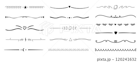 Swirl line divider, doodle decorative fancy ornament border, simple hand drawn frame. Retro curve set flourish thin decorations. 120241632