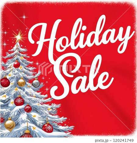 Holiday-themed sale poster with decorated tree and festive text on red background.  120241749