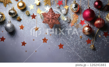 《AI画像》キラキラオーナメントを飾り付けた銀色の背景素材 120241881