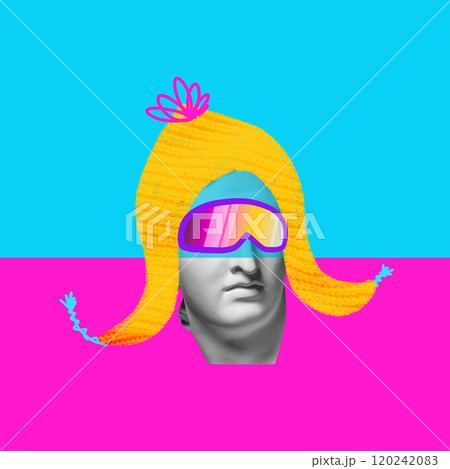 Antique statue bust with bright yellow hairstyle, in colorful pink goggles against vibrant blue and pink background. Contemporary art collage. Antique statue bust with bright yellow hairstyle, in colorful pink goggles against vibrant blue and pink background. Contemporary art collage. 120242083