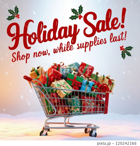 Shopping cart filled with wrapped festive gifts promoting holiday sale on bright background.  120242168