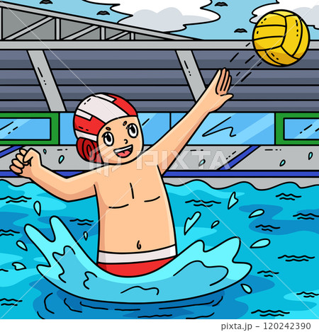 Water Polo Player Passing the Ball Colored Cartoon Water Polo Player Passing the Ball Colored Cartoon 120242390