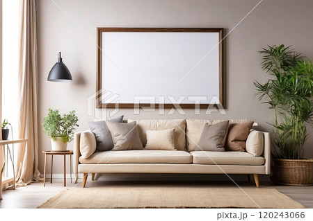 Interior of living room with beige sofa and blank picture frame on wall. 120243066