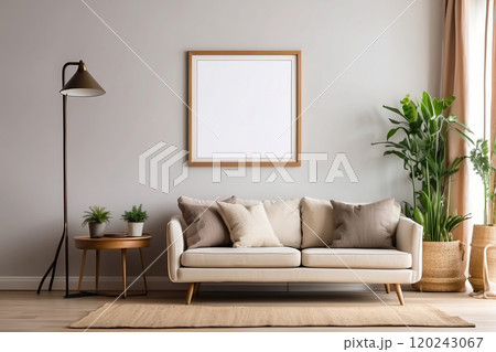 Mock up empty white poster in a wooden frame in living room interior background 120243067