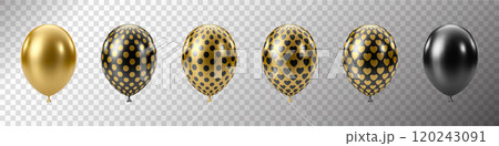 Black Gold balloons set. Luxury realistic balloons. 3D glossy dotted pattern 120243091
