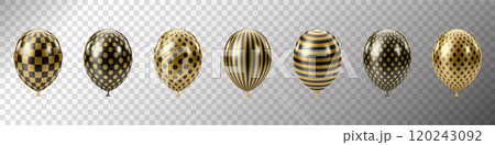 Black Gold balloons set. Luxury realistic balloons. 3D glossy dotted pattern 120243092