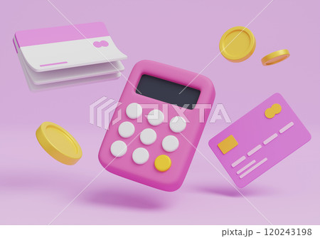 calculator with bankbook and credit card 3D graphic 120243198