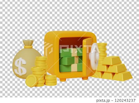 safe and money and gold bars 3D graphic 120243237