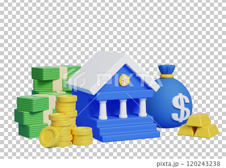 bank and money with gold bar 3D graphic bank and money with gold bar 3D graphic 120243238