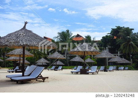 リゾートホテルの砂浜と椰子の木 120243248