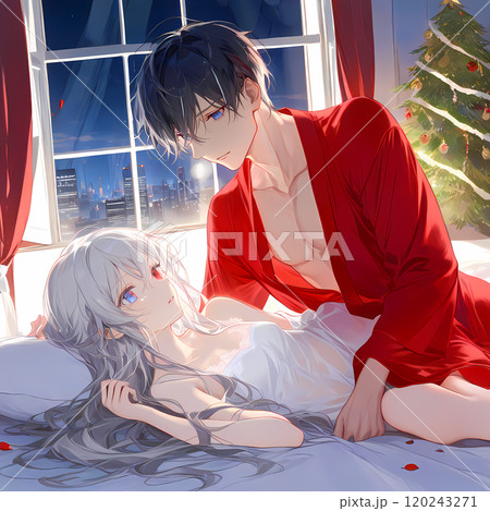 クリスマスの夜にベッドで戯れるアルビノの少女と碧眼の青年。アニメ風のAIイラスト 120243271