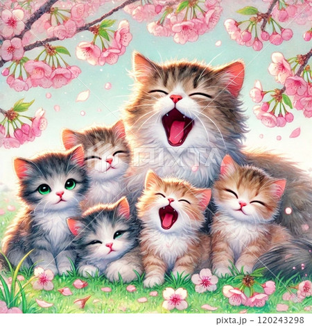 お花見を楽しむ猫の親子 120243298