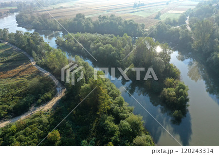 Aerial view of natural island covered with forest on a river Aerial view of natural island covered with forest on a river 120243314