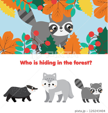 Educational game for children, kids activity. Matching game with forest animals Educational game for children, kids activity. Matching game with forest animals 120243404