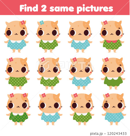Children educational game. Find two same pictures of cute cats Children educational game. Find two same pictures of cute cats 120243433