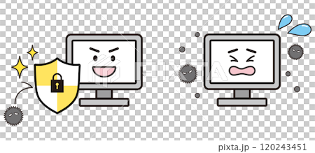 ウイルスパソコンとセキュリティソフトパソコンのイラスト 120243451