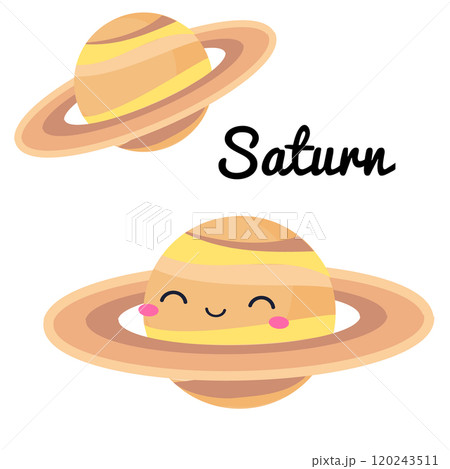 Cute planet. Cartoon Saturn. Vector space clip art for kids and children 120243511