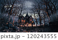 Horror house in a scary night forest. Halloween night in horror house. Halloween zombies 120243555