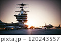 Fighter jets on an Aircraft Carrier. Morning on an aircraft carrier. F-16 Fighting Falcon, USA Fighter jets. 120243557