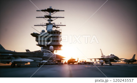 Fighter jets on an Aircraft Carrier. Morning on an aircraft carrier. F-16 Fighting Falcon, USA Fighter jets. 120243557