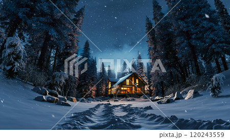 Snowfall over a house in the forest. Wooden private house in the winter forest. Winter pine forest during snowfall. Cold winter evening in the forest 120243559