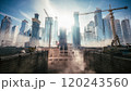 Construction of a modern city. Large construction site against the backdrop of modern skyscrapers. Construction site at sunrise 120243560