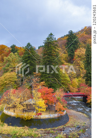 紅葉に彩られた中野もみじ山の秋 120243681