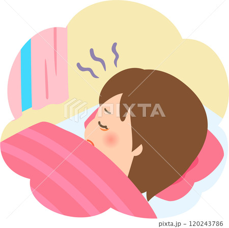 日中疲れた様子で布団に入っている女性 日中疲れた様子で布団に入っている女性 120243786