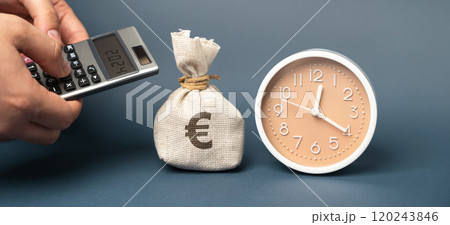 Euro money bag, clock and calculator 2024. Budget planning. Financial goals and plans. Business and finance concept. Forecasting and analysis. Investments. Vision 120243846