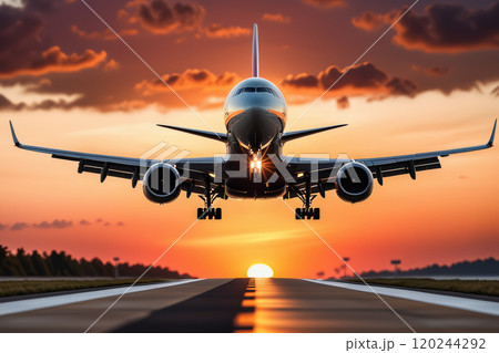 front view of photorealistic passenger plane landing front view of photorealistic passenger plane landing 120244292