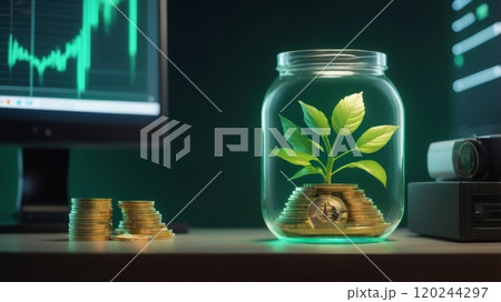 a green sprout in a bank with bitcoin coins 120244297