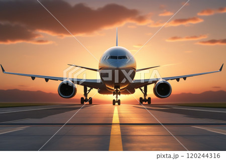 front view of photorealistic passenger plane landing 120244316