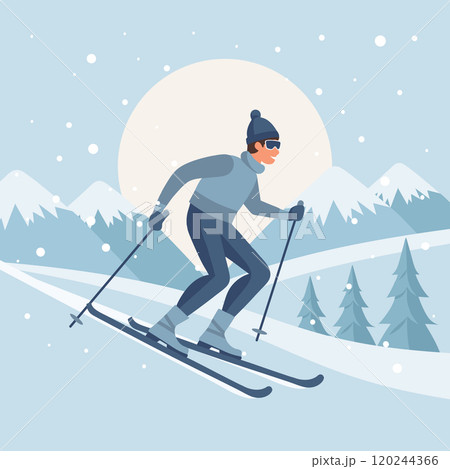 Male character on skis on mountain winter landscape background. Winter sport, outdoor sport activity. Flat illustration Male character on skis on mountain winter landscape background. Winter sport, outdoor sport activity. Flat illustration 120244366
